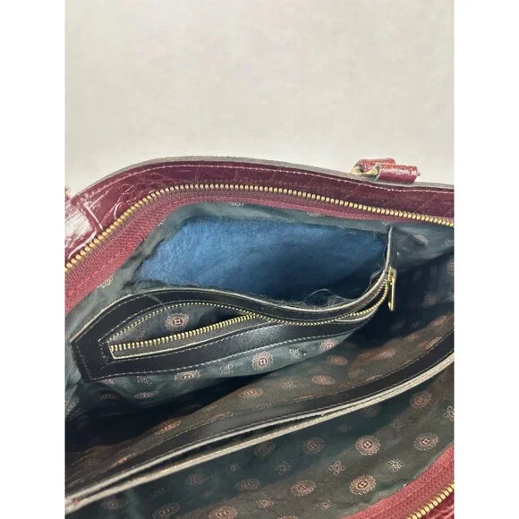 Vintage Burgundy Croc Embossed Leather Handbag Gold Hardware Top Handles Elegant - Picture 9 of 13